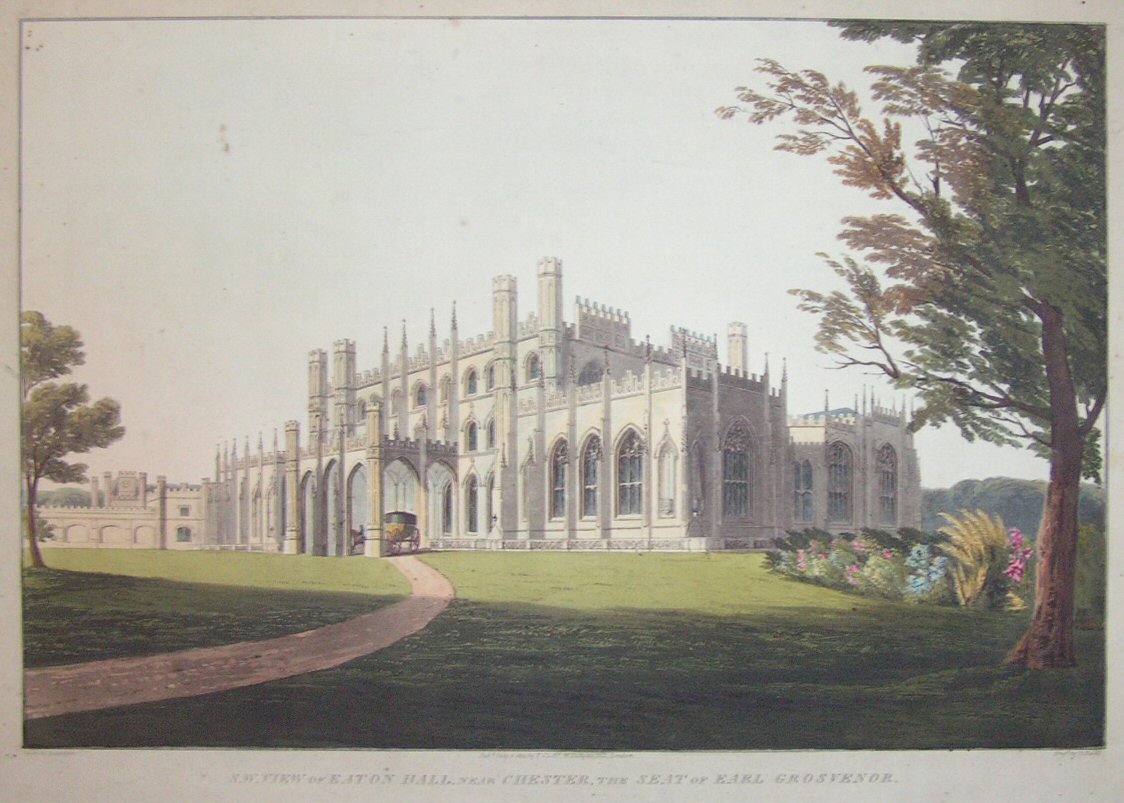 Aquatint - S.W. View of Eaton Hall, Near Chester, the Seat of Earl Grosvenor. - Havell